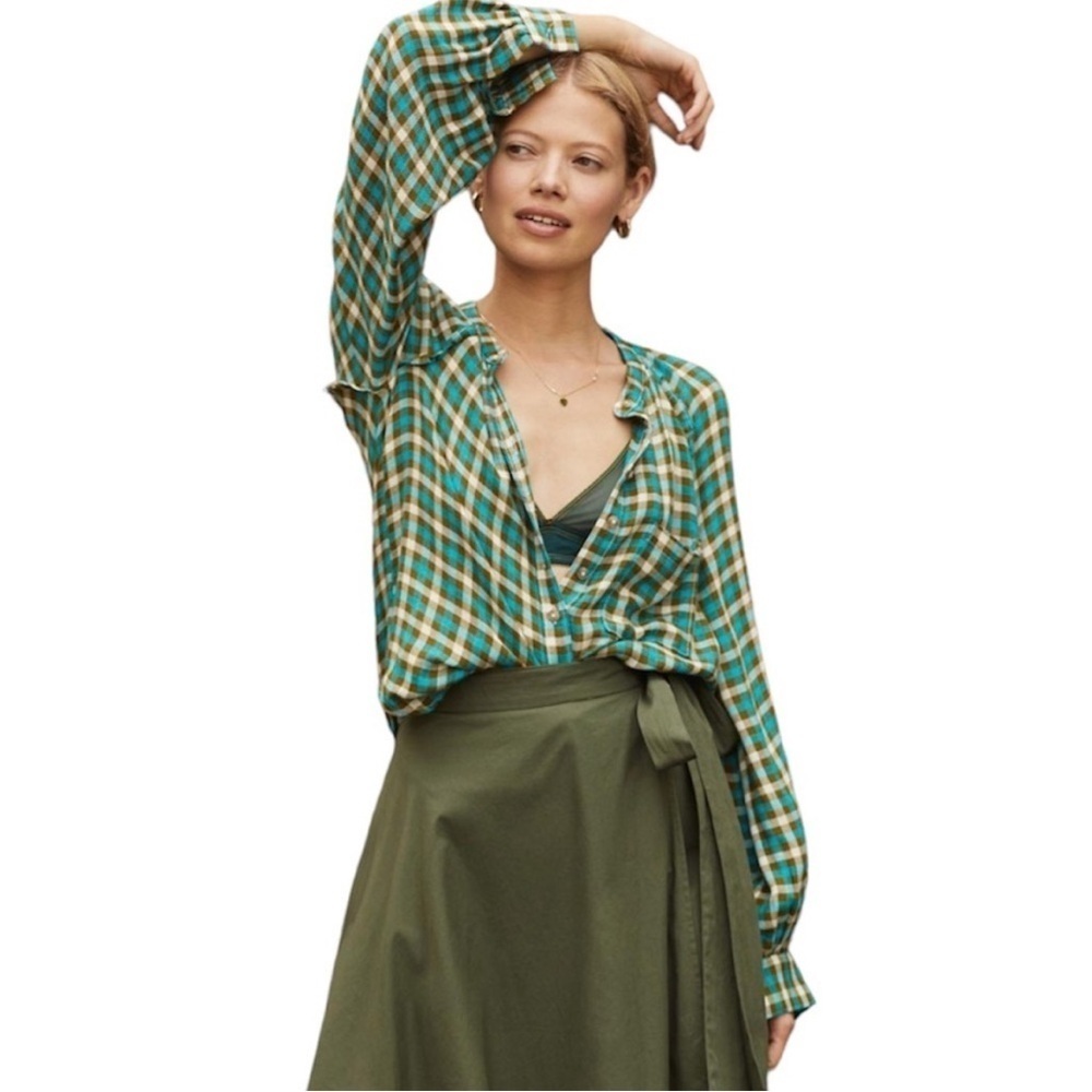 Anthropologie Pilcro Breezy Plaid Green Blue Button Down Top